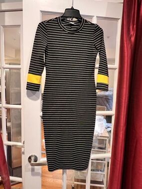 Zara Black and White Striped Midi Dress with Yellow Cuff Bands